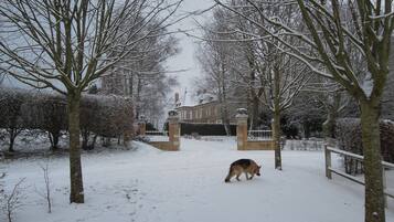 A snow-covered pathway leading to a brick building with a gated entrance.