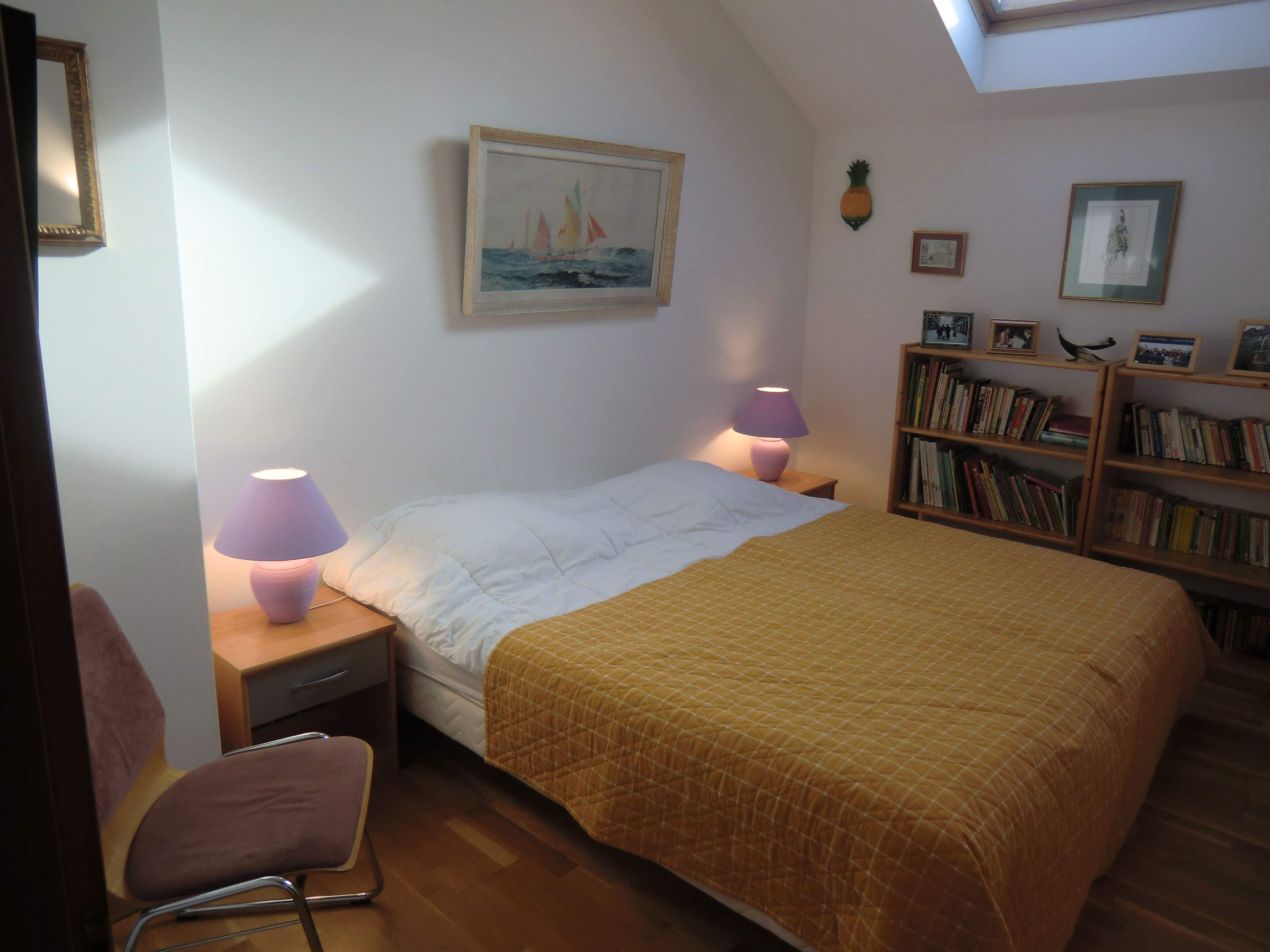 Une chambre à coucher avec un lit, des lampes de chevet, une bibliothèque et un tableau au mur.