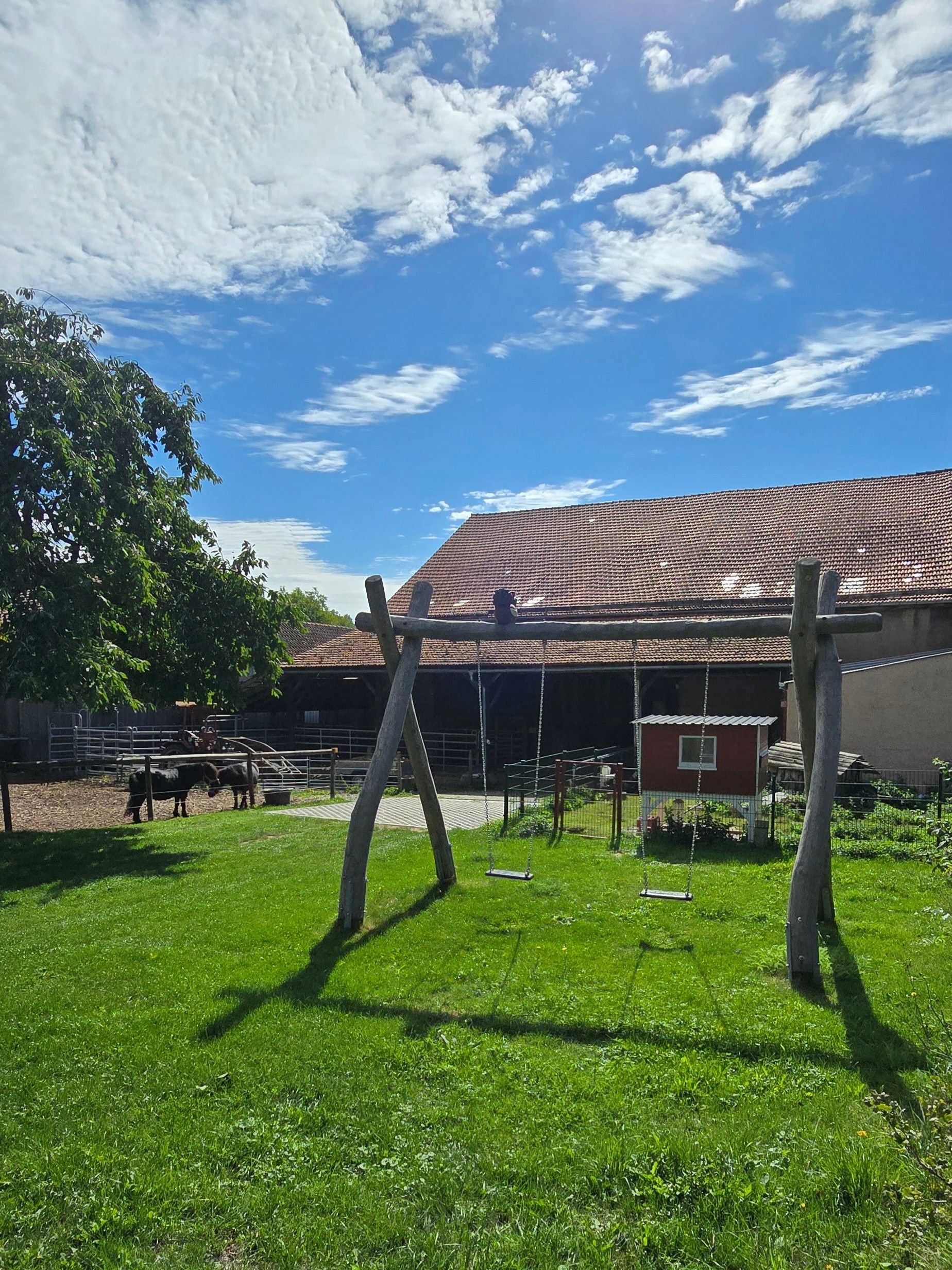 A grassy area with a swing set, a fenced enclosure, and a building with a tiled roof.