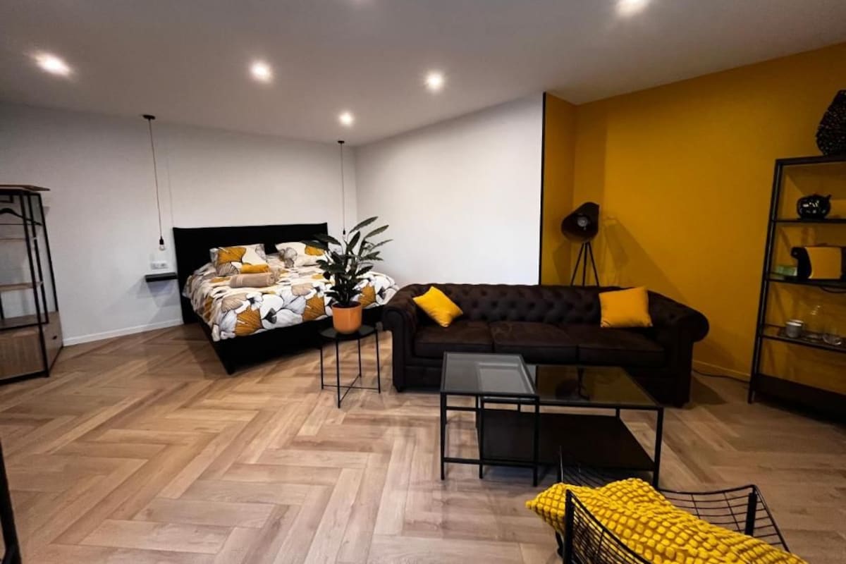 Ein modernes Wohnzimmer mit einer Couch, einem Couchtisch, einem Bett mit gemustertem Überwurf, einer Topfpflanze und einer Lampe.