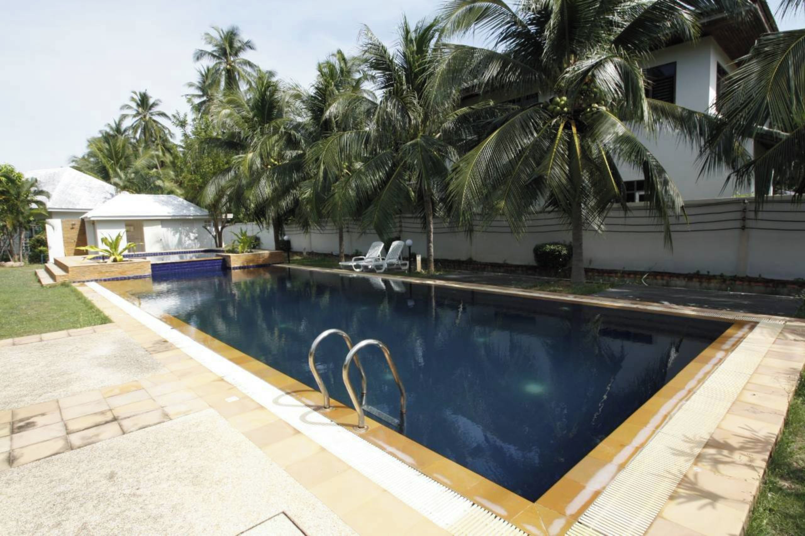 Uma piscina retangular com superfície de água azul cristalina, rodeada por um deck ladrilhado e área com palmeiras.