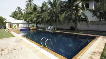 Uma piscina retangular com superfície de água azul cristalina, rodeada por um deck ladrilhado e área com palmeiras.