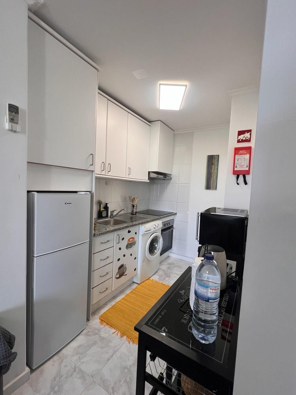A compact kitchen with a refrigerator, washing machine, and a microwave.