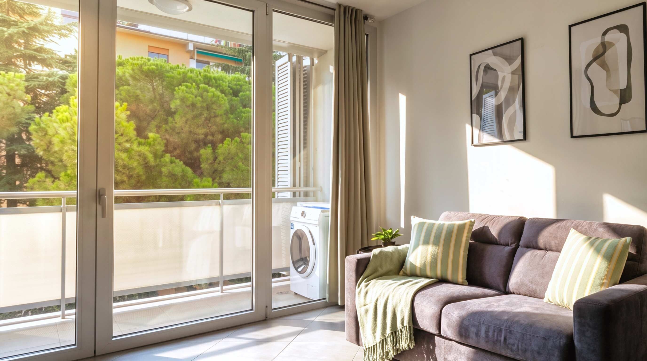 Ein Wohnzimmer mit einer Couch, einer Waschmaschine und einem Balkon mit Blick auf Bäume und Gebäude.