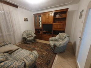 A living room with two patterned sofas, a wooden entertainment unit with a television, and a patterned rug. - Meneghin House Apartment with Wi-Fi and Air Conditioning (San Zenone degli Ezzelini)