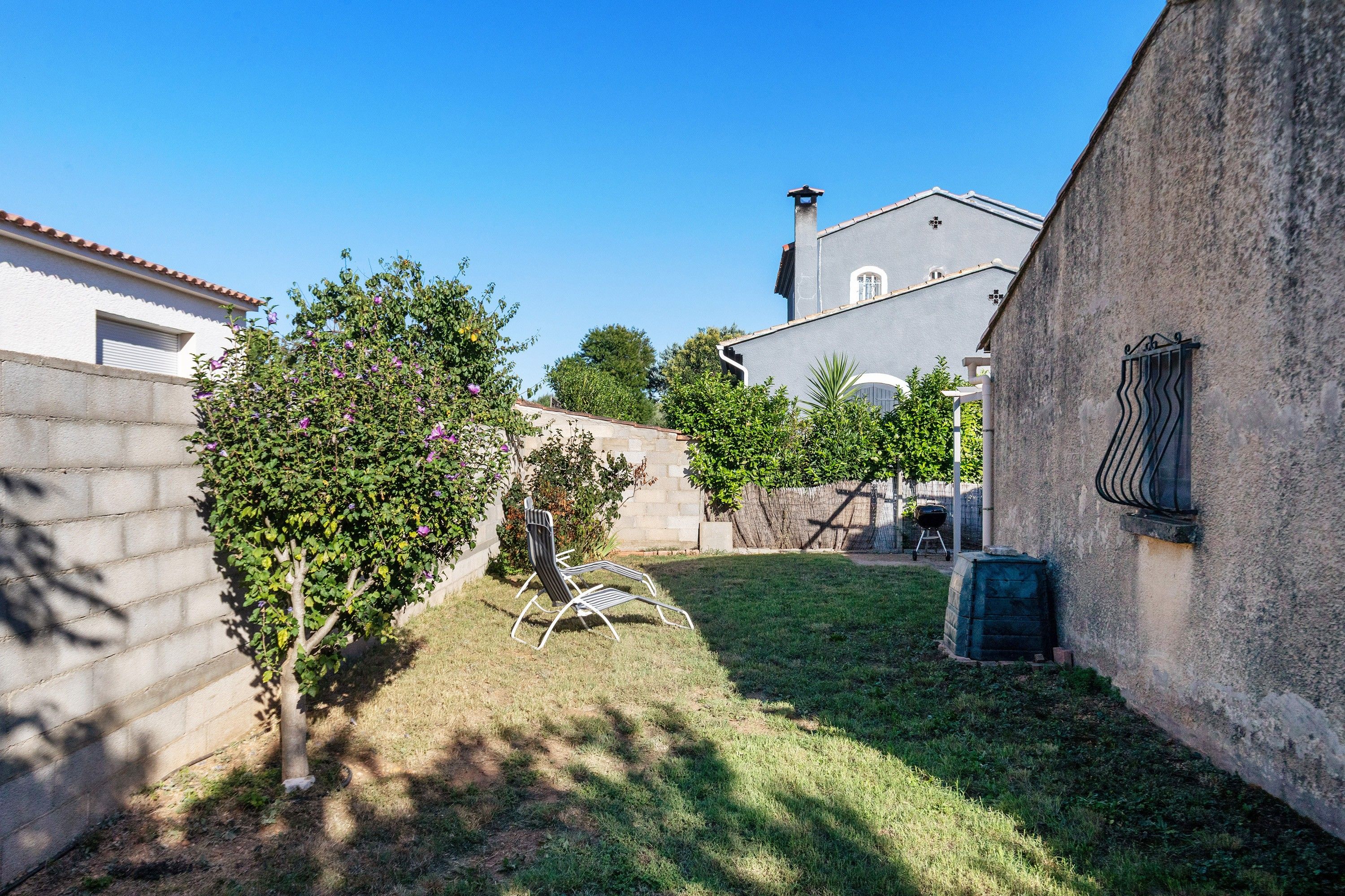 A courtyard with a grassy lawn, a metal chair, a tree with purple flowers, and a building with a grey facade.