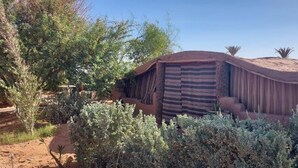 Una estructura tradicional de adobe con techo plano, rodeada de vegetación desértica.