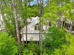 A house surrounded by dense trees. - EZ Walk to Camp WaterColor! LSV/Golf Cart & 4 Bikes Included! (Santa Rosa Beach)