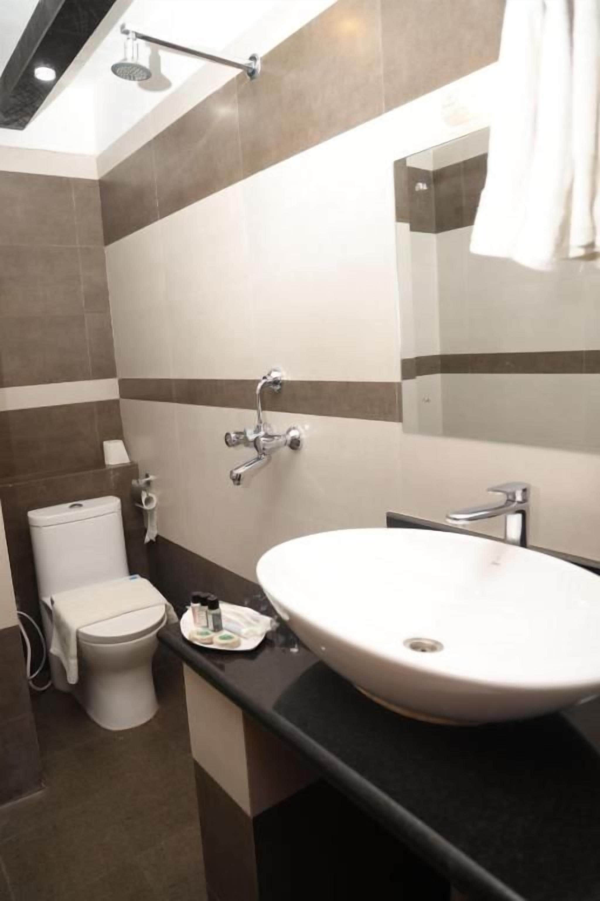 Un baño con inodoro, lavamanos y ducha.