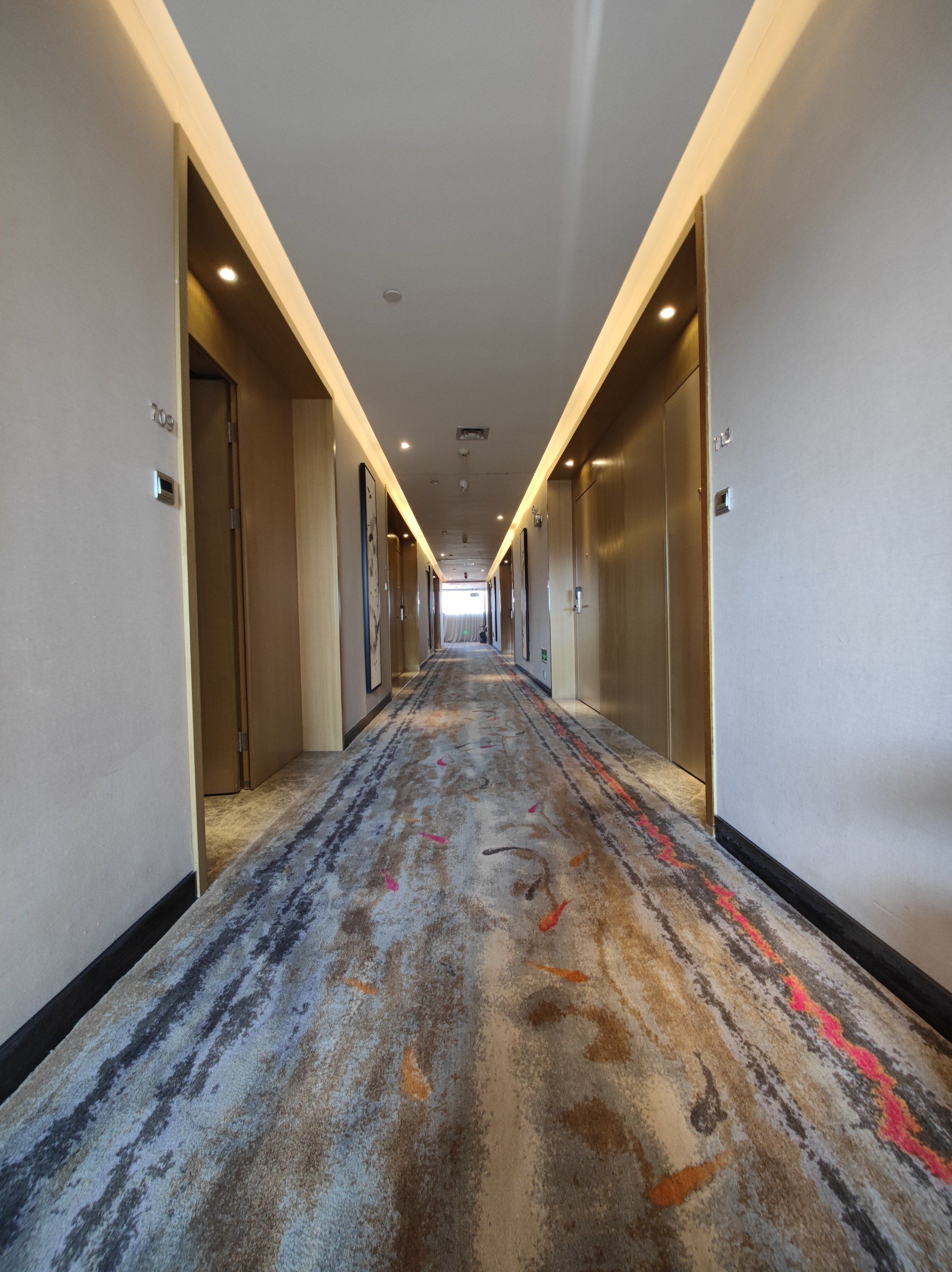 A hotel hallway with a carpeted floor, doors on both sides, and a long corridor leading to a bright end.