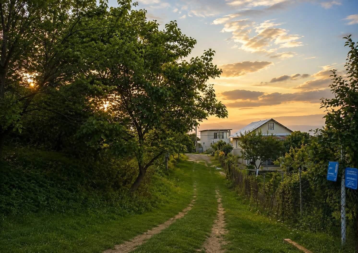 En landvej der fører til et hus med metal tag, omgivet af grøn vegetation og træer.