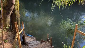A wooden dock leading into a calm river surrounded by trees and vegetation.