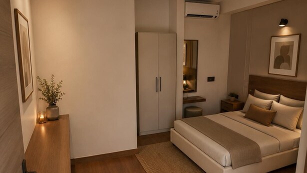A modern bedroom with a bed, bedside table, and a small plant. - Petals Suites & Hotels (Bengaluru)