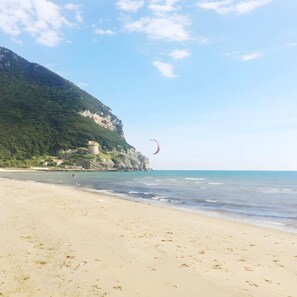 Una playa con cielo despejado, orilla arenosa y un edificio en la ladera.