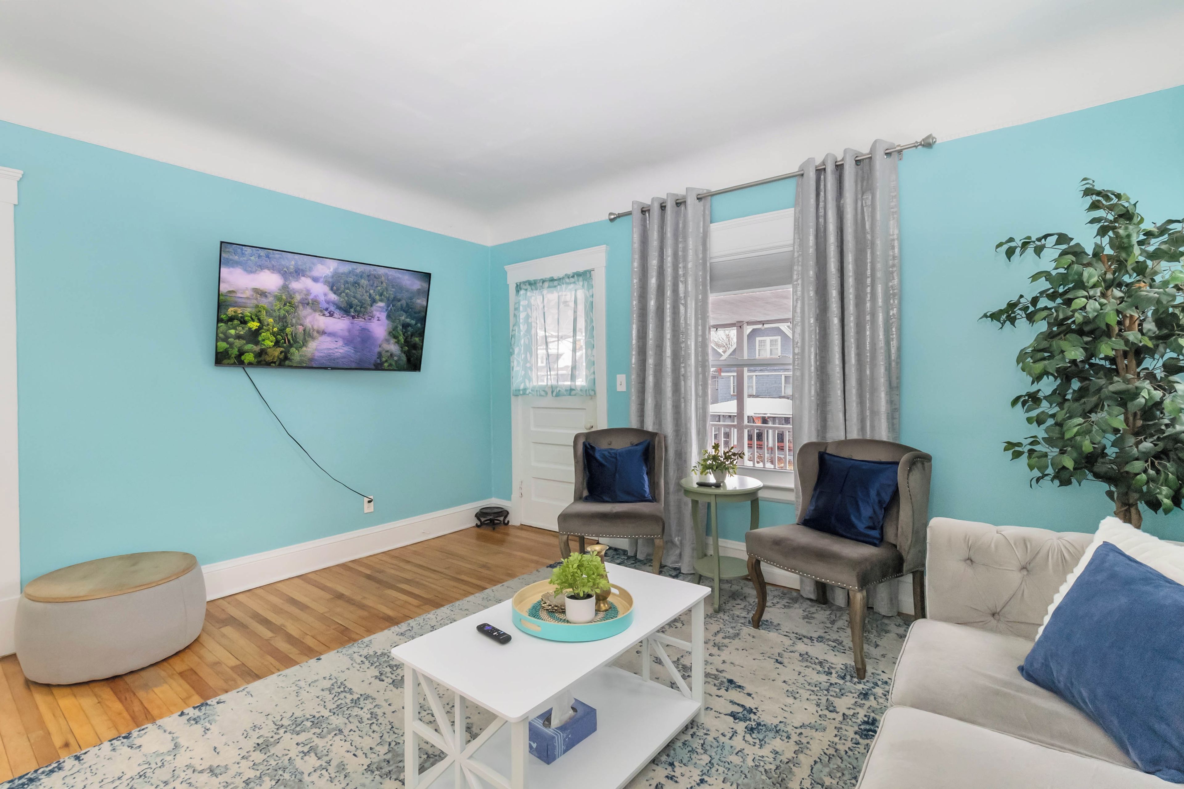 A living room with a flat-screen TV, two armchairs, a sofa, a coffee table, and a potted plant.
