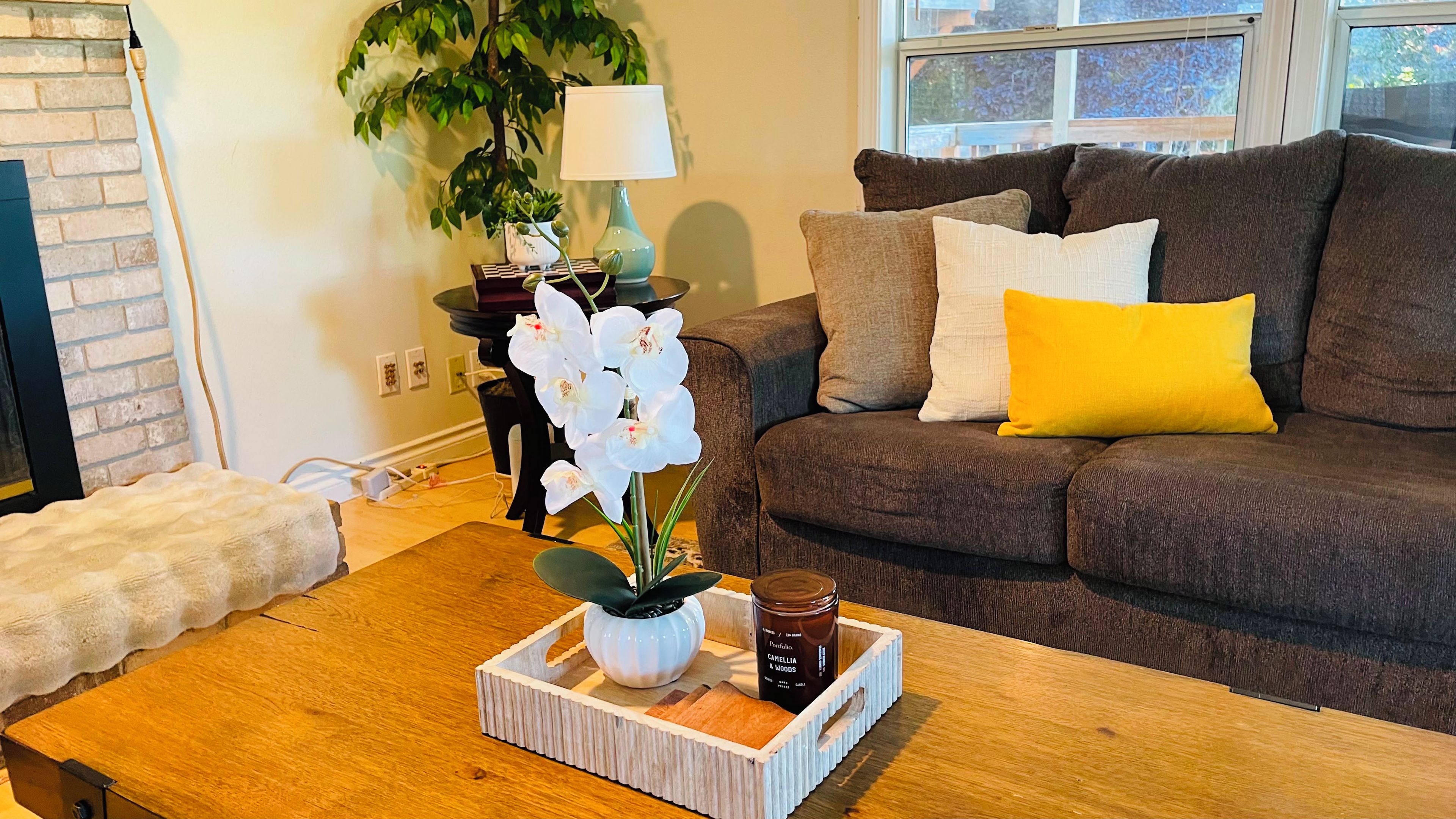 A living room with a brown sofa, a wooden coffee table, a potted plant, and a lamp.