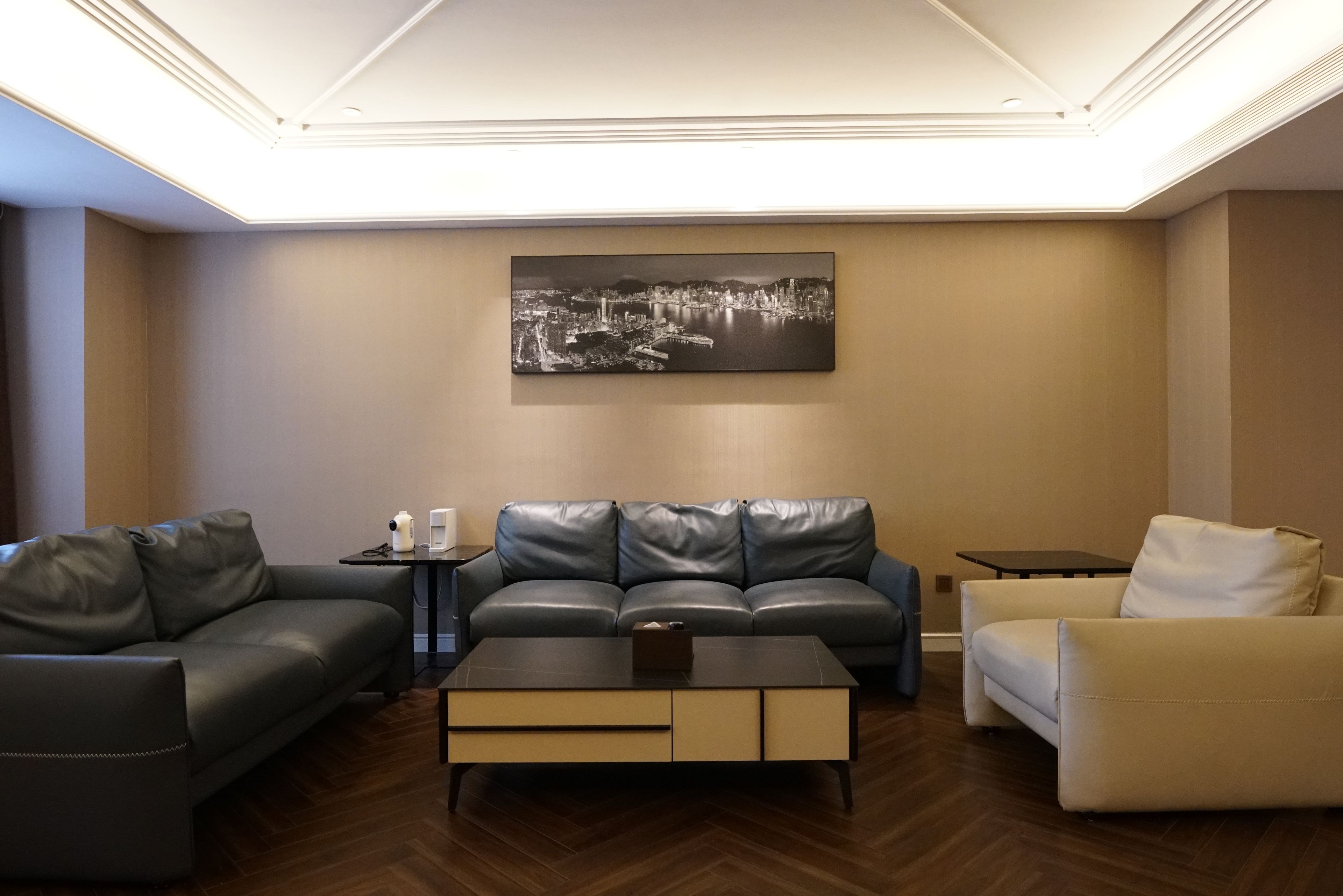 Una sala de estar moderna con un cuadro de un paisaje urbano, sofás de cuero, una mesa de centro y una pequeña mesita auxiliar.