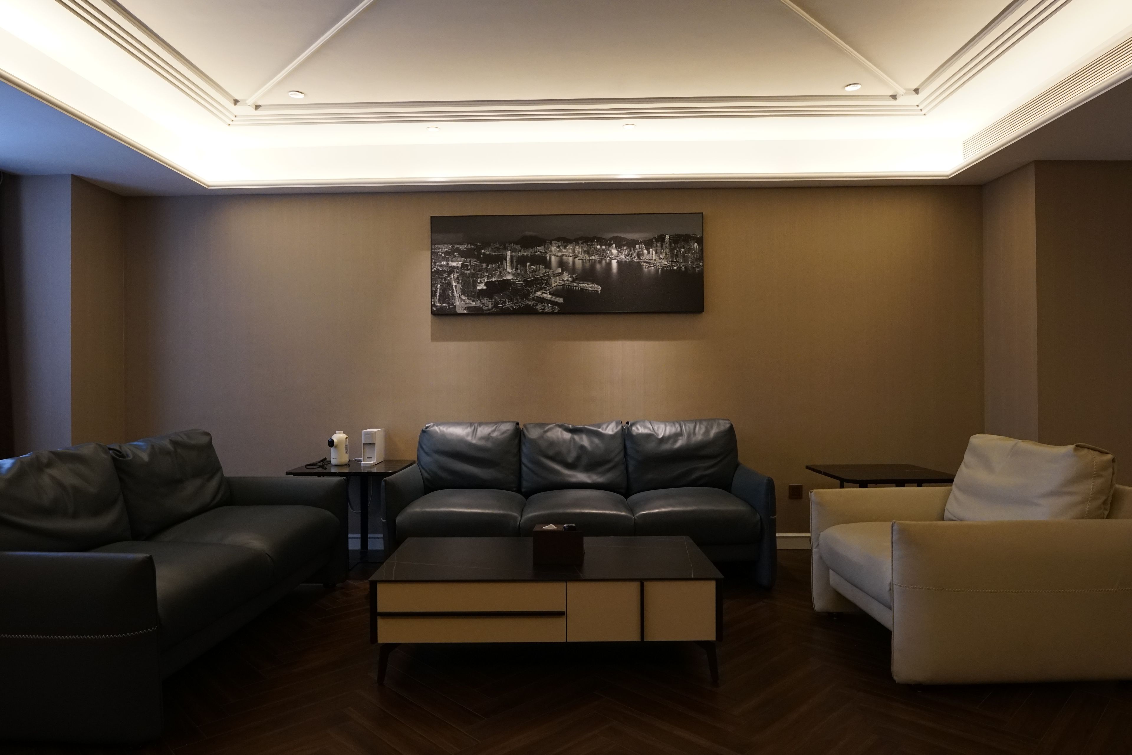 A modern living room with a black leather sofa, a white armchair, and a coffee table. A cityscape painting is displayed on the wall.