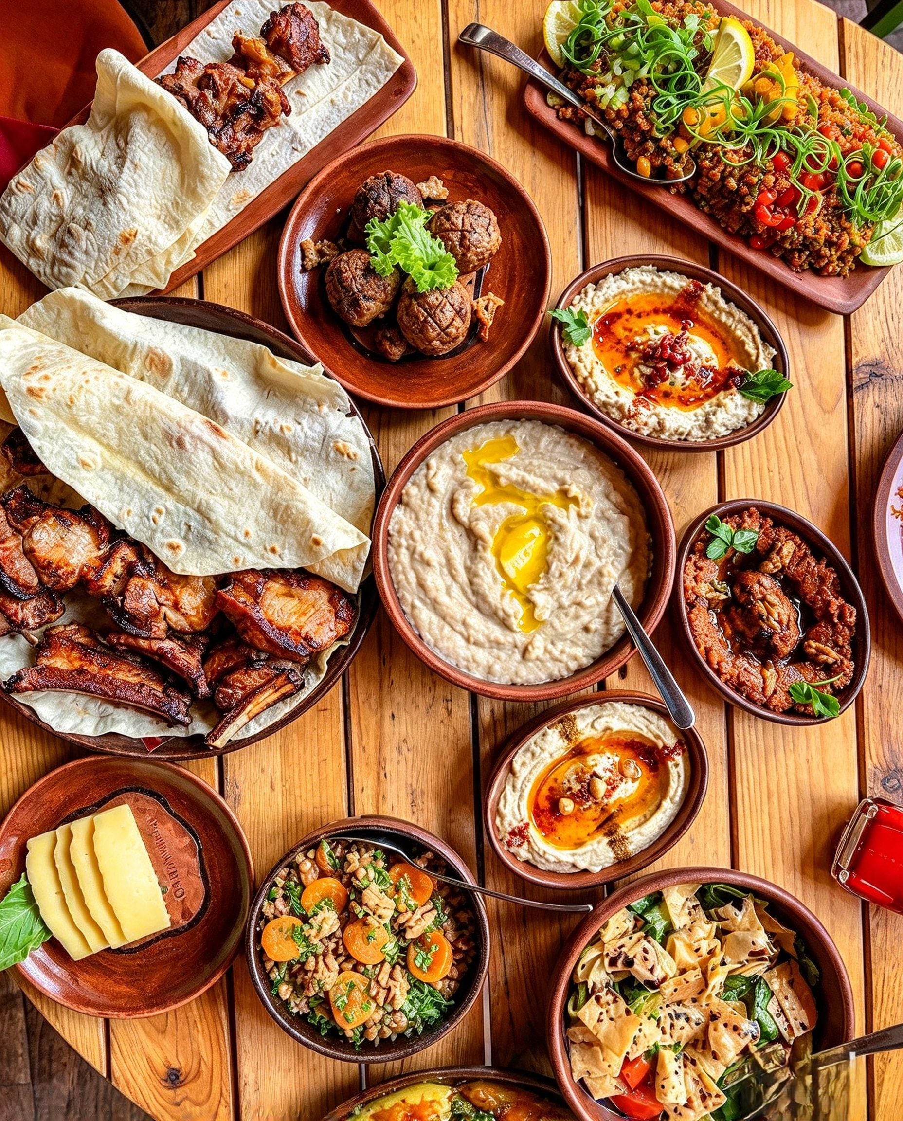 Variedad de platos, incluyendo carnes a la parrilla, hummus y ensaladas, que sugieren una amplia selección de comidas.