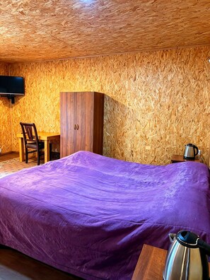 Habitació amb un llit, un armari de fusta, una televisió i una paperera.