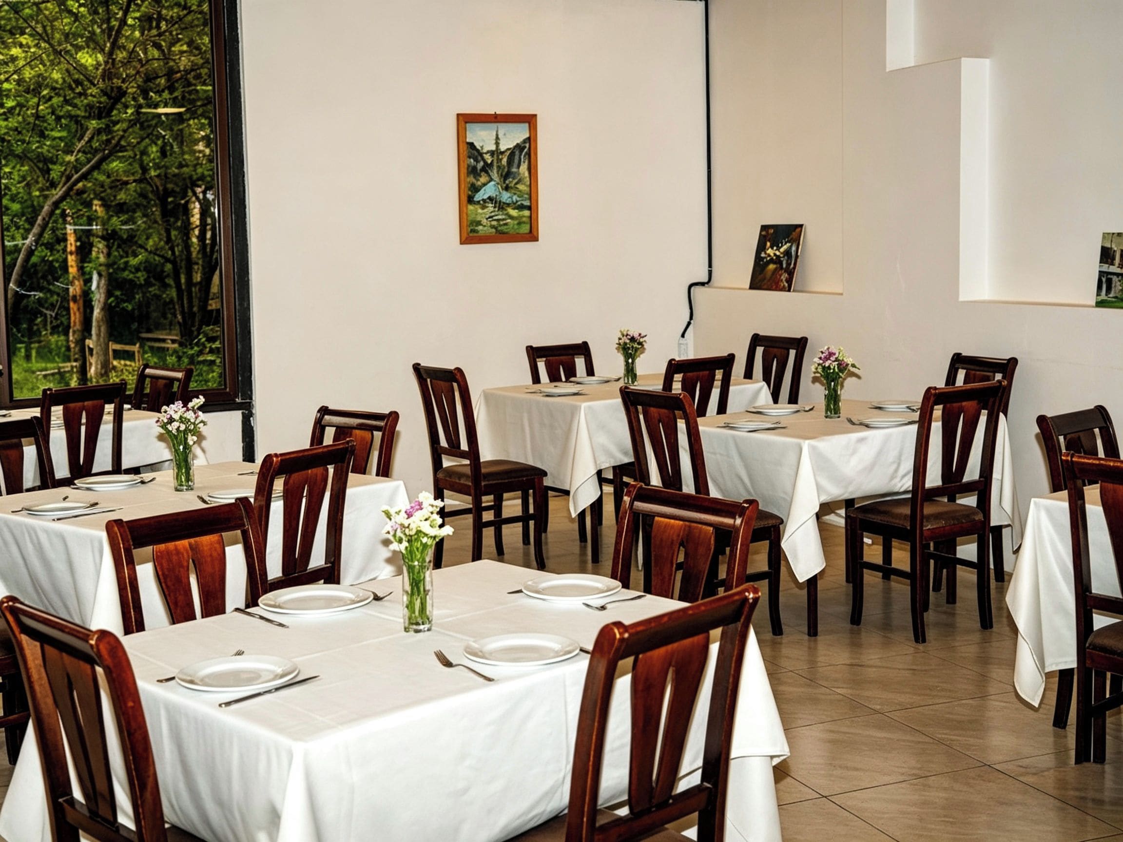 Un comedor con varias mesas, sillas y un cuadro en la pared.