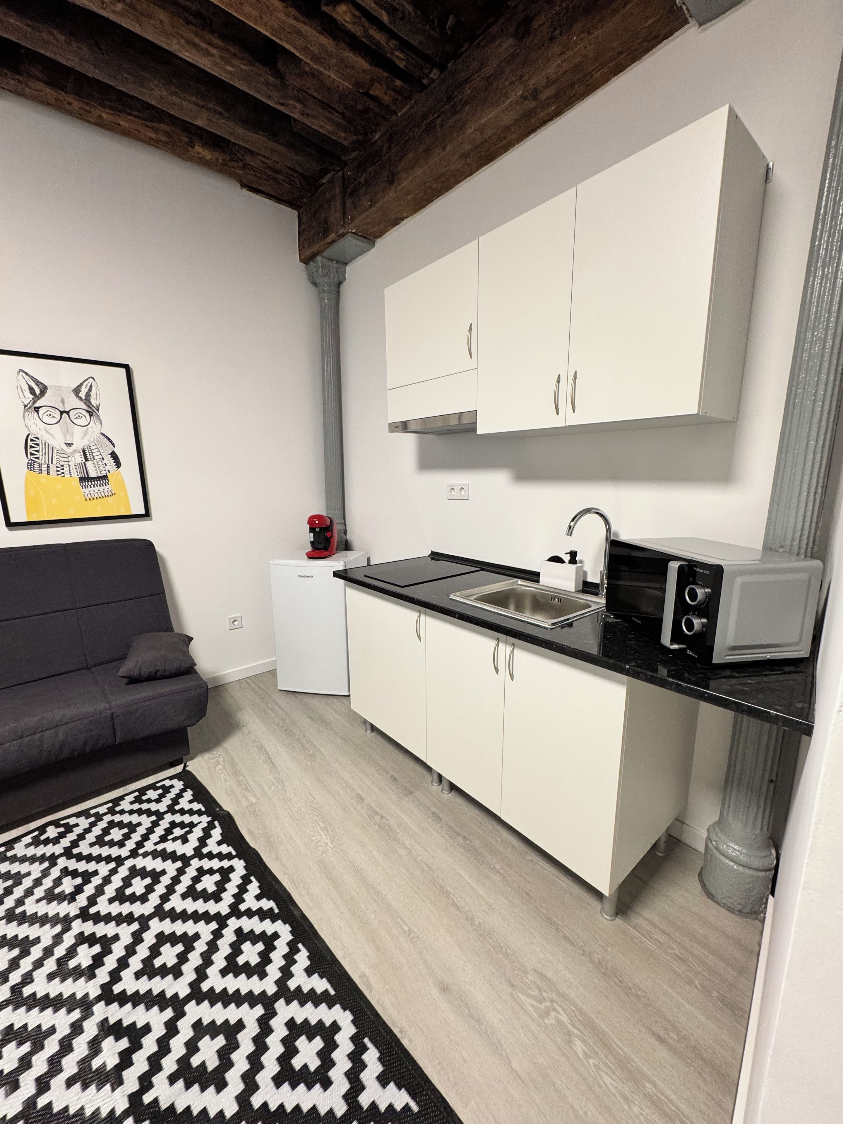 A compact living space with a kitchenette, a sofa, and a patterned rug.