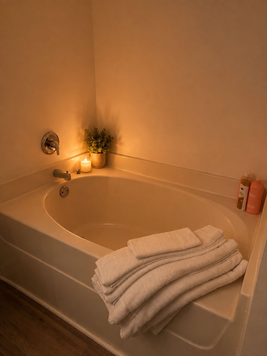 Eine Badewanne mit einem Stapel weißer Handtücher, einer brennenden Kerze und einer kleinen Pflanze.
