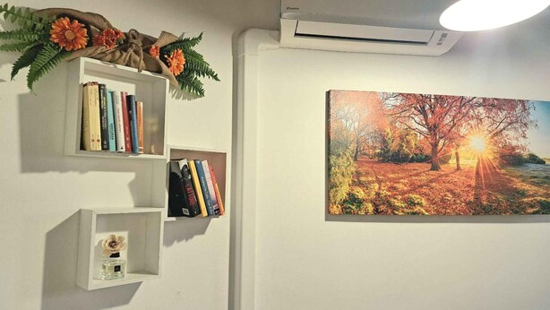 Una pared con un cuadro enmarcado de un atardecer, un estante blanco con libros y un jarrón pequeño con una flor.