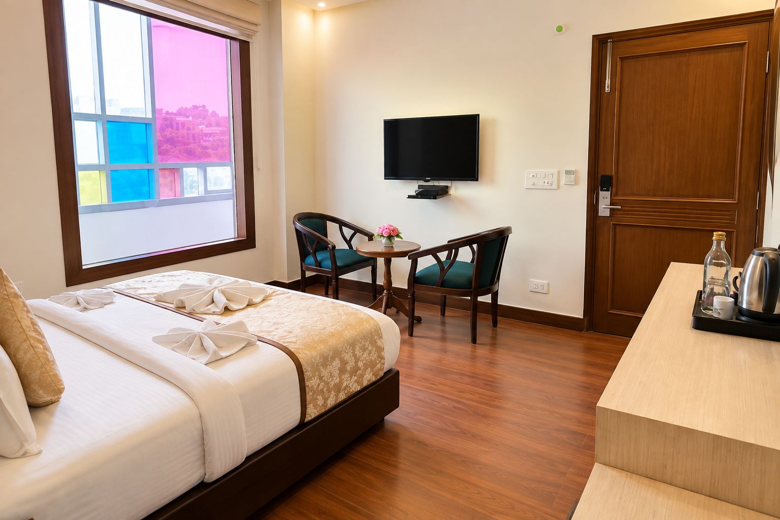 A hotel room with a bed, a TV, two chairs, a small table, and a wooden door.