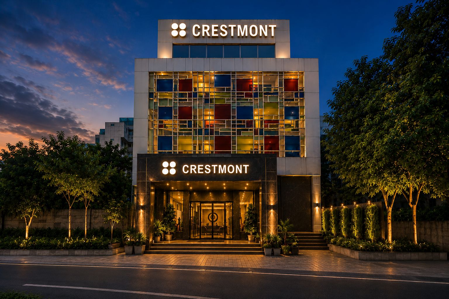 Un hotel Crestmont con fachada de vidrio moderno, una entrada destacada y jardines.