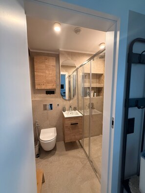 Ein modernes Badezimmer mit Duschkabine aus Glas, Holzwaschtisch und weißer Toilette.