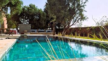 A rectangular swimming pool with clear blue water, surrounded by a stone deck and a grassy area with trees.