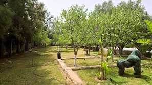 A garden with a variety of trees and a statue. - Villa Dar Serenity (Ounagha)