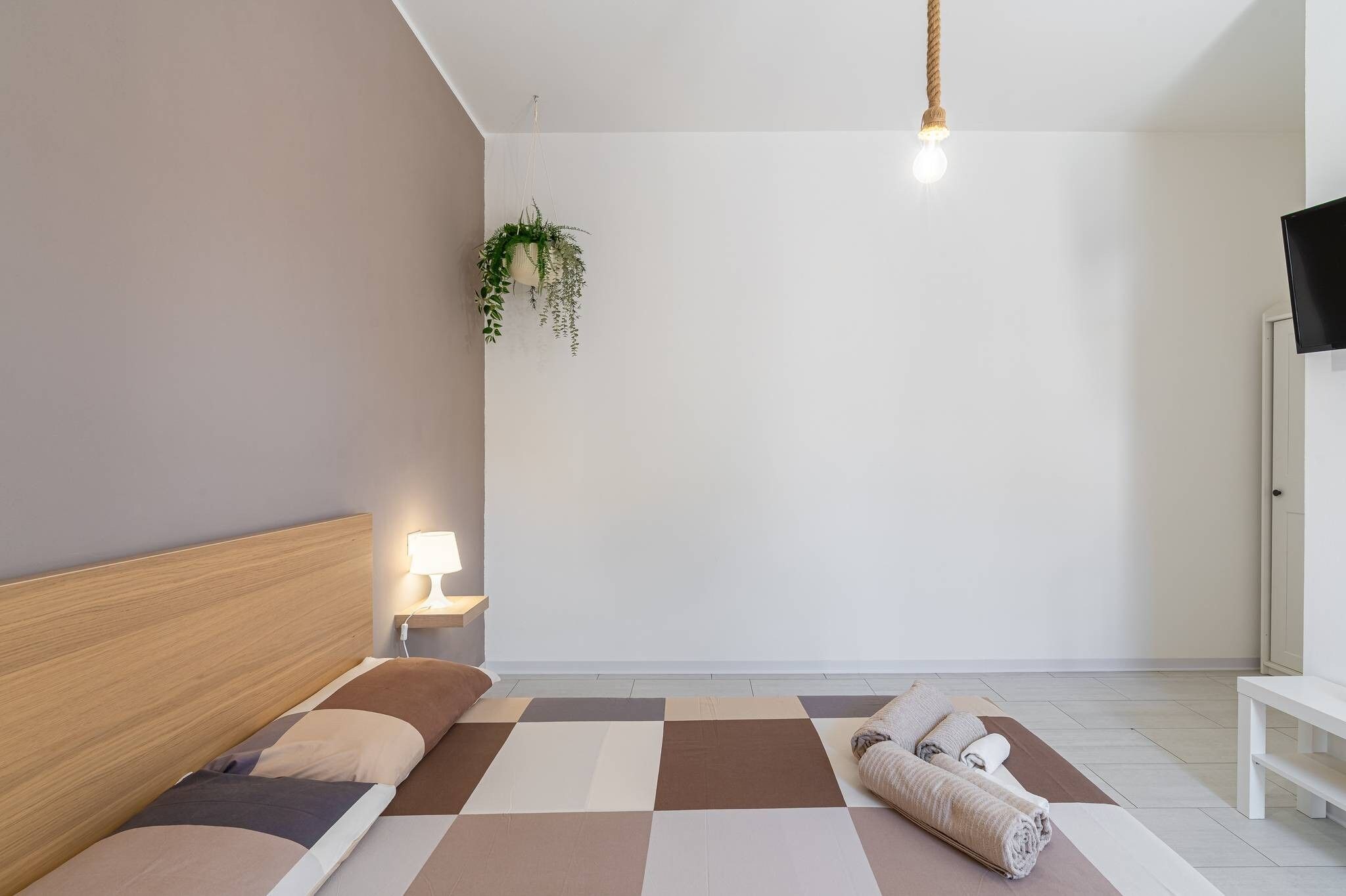 A modern bedroom with a wooden headboard, a bedside lamp, a hanging plant, and a flat-screen TV.