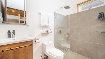 A modern bathroom with a white sink, a toilet, a glass shower enclosure, and a mirror.