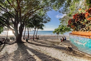 Uma praia com palmeiras, um mural e vista para o mar.