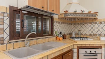 Una cucina con un lavello doppio, un fornello a gas e un forno.
