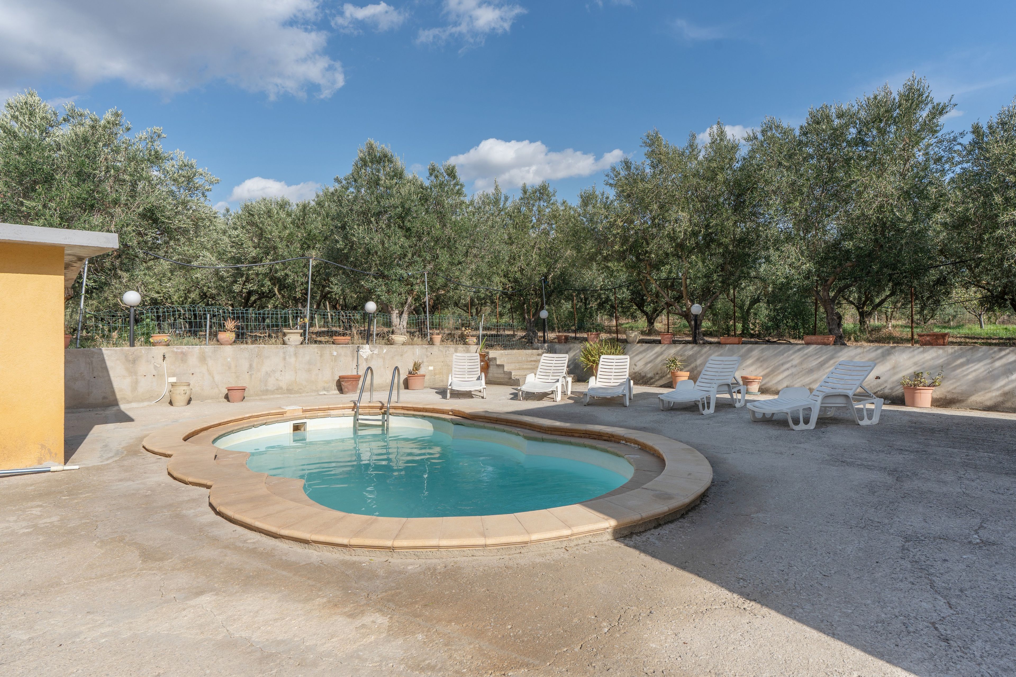 A swimming pool with a circular shape, surrounded by a concrete deck and white lounge chairs.