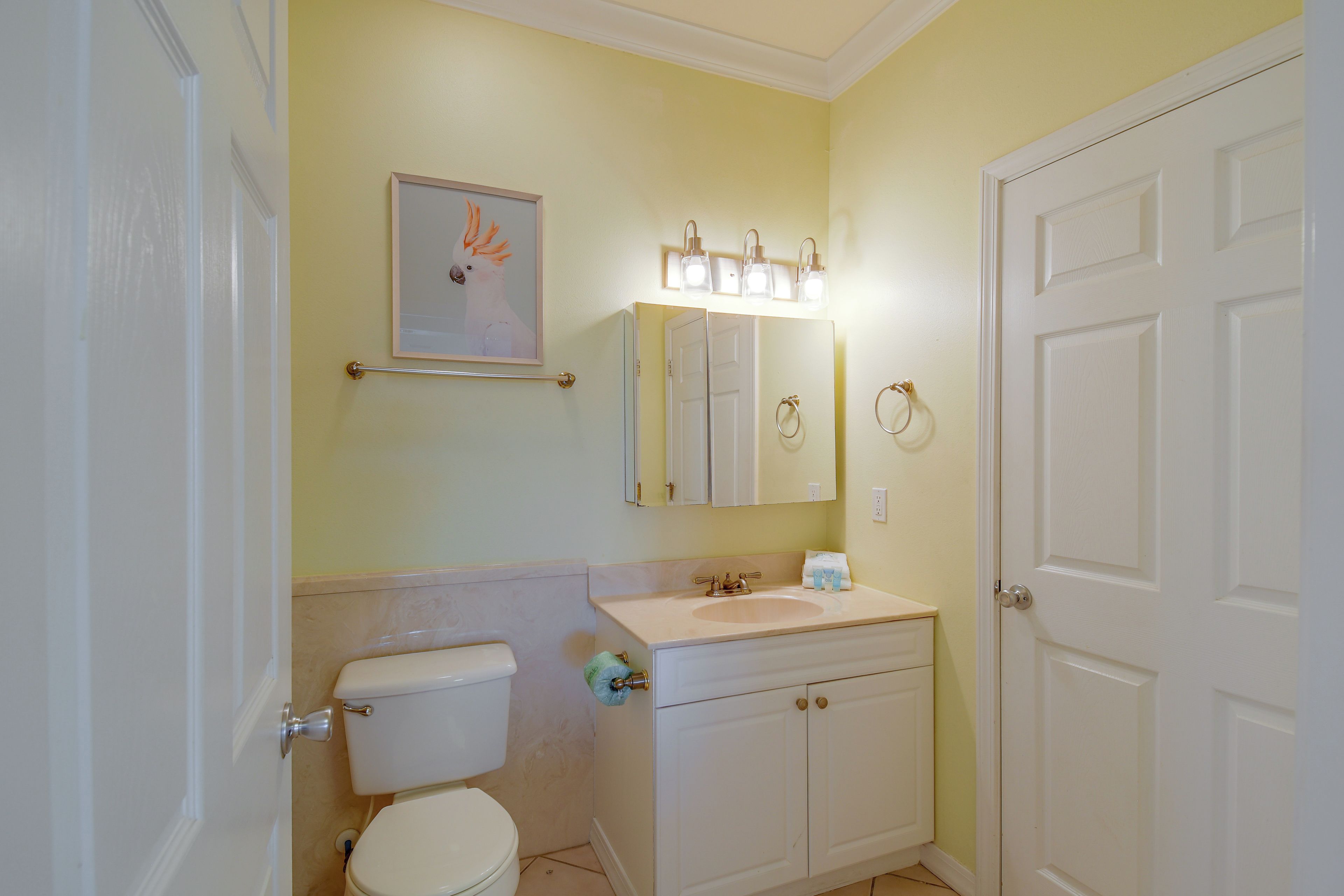 Un baño con inodoro, lavabo, espejo y un cuadro en la pared.