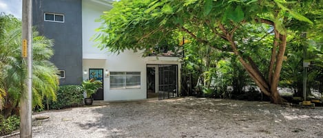 A modern two-story building with a gravel driveway and a large tree in the foreground.