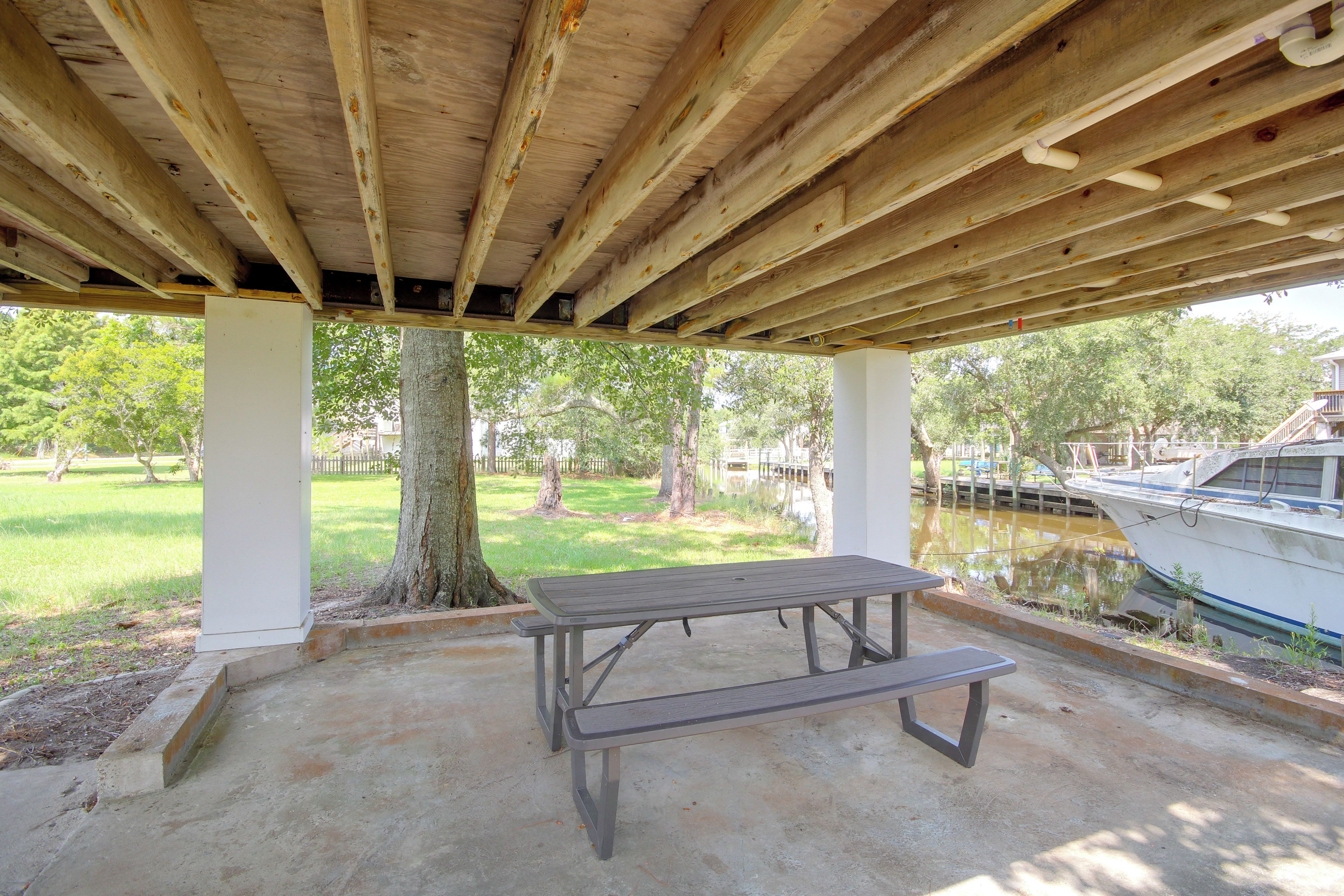 An outdoor covered picnic area with a table and benches, surrounded by trees and a body of water.