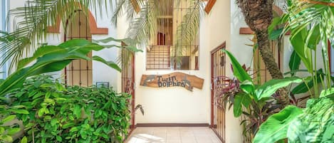 Una entrada a un jardín tropical con un letrero de madera, un camino empedrado y abundante vegetación.