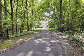 A paved pathway leading to a building surrounded by trees. - Walk to Herrington Harbor: Spacious Bay Home (Tracys Landing)