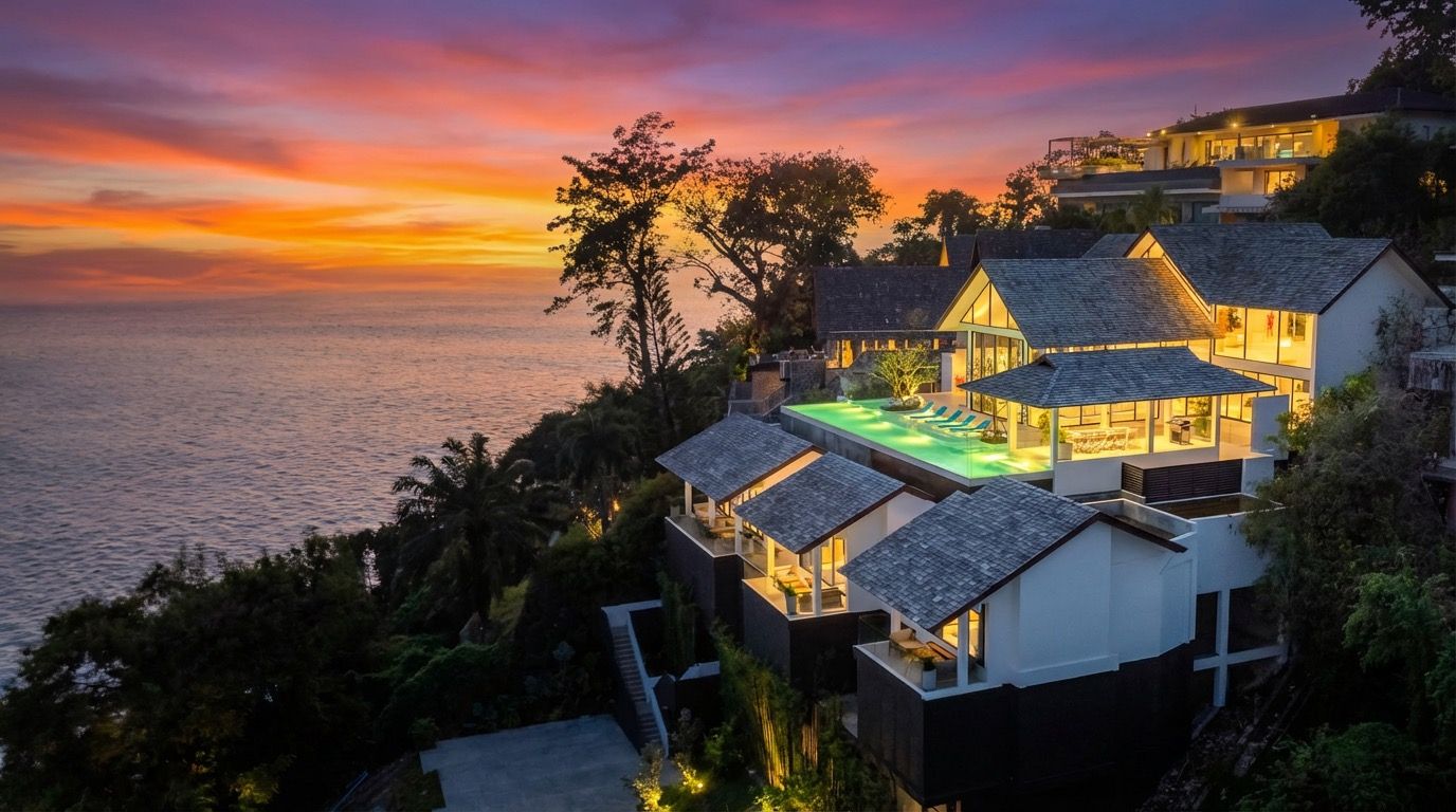 Una villa moderna con piscina en la azotea y vistas al mar al atardecer.