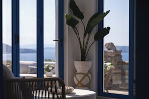 Una stanza con vista mare, una pianta in vaso e una sedia in vimini.