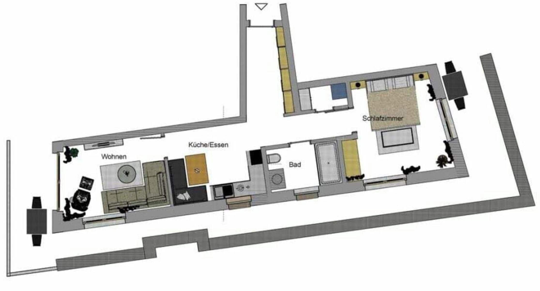 Planta baixa de um hotel com cozinha, sala de jantar, sala de estar e banheiro.