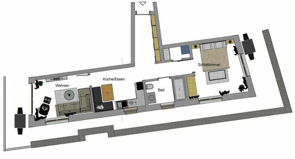 Ein Grundriss eines Hotels mit Küche, Essbereich, Wohnzimmer und Badezimmer.