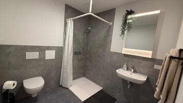 Een moderne badkamer met douche, toilet en wastafel.
