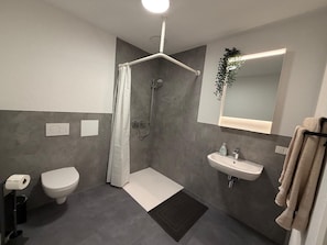 A modern bathroom with a shower, toilet, and sink. - Apartment in A Hotel 'Werner Apartments Mecklar 12' with Shared Terrace, Shared Garden and Wi-Fi (Ludwigsau)