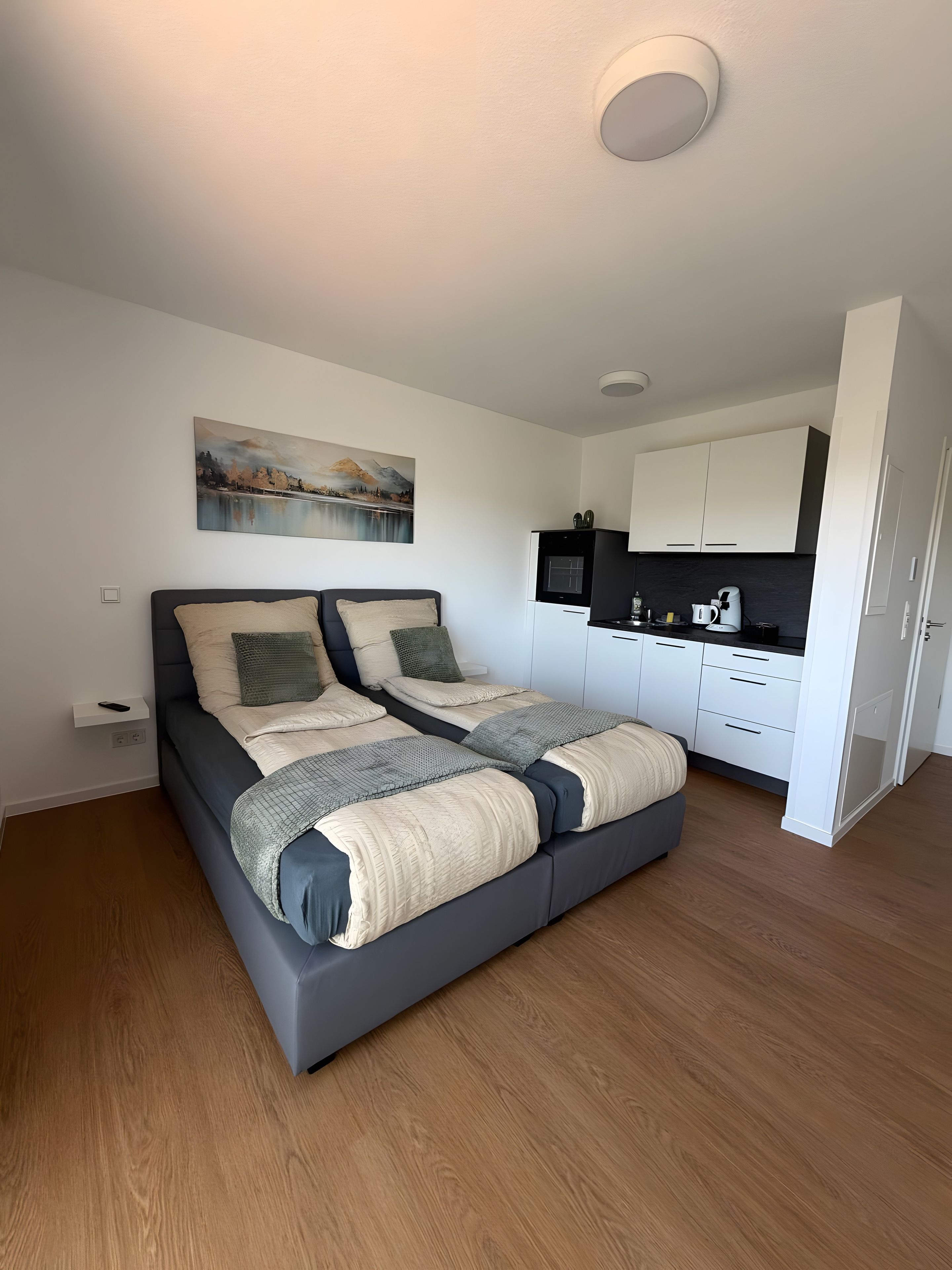 Ein modernes Schlafzimmer mit einem großen Bett, einem kleinen Nachttisch, einem Bild an der Wand und einer kleinen Küchenzeile in der Ecke.